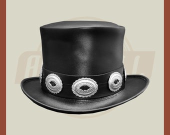 1980’s Rocker Leather Slash Style Steampunk Tribute Top Hat With Concho Hat Belt