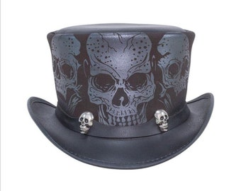 Sombrero de copa Sombrero de cuero para hombre Calavera en plata Nuevo con tags