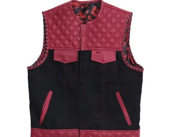 Hecho a mano OX Blood Mens Hunt Club Double Diamond Quilted MC Club Biker Motocicleta Rider Chaleco de cuero