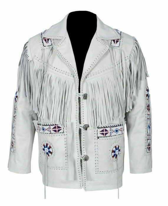 Men Western Cowboy Native American Beaded Work Suede Leather