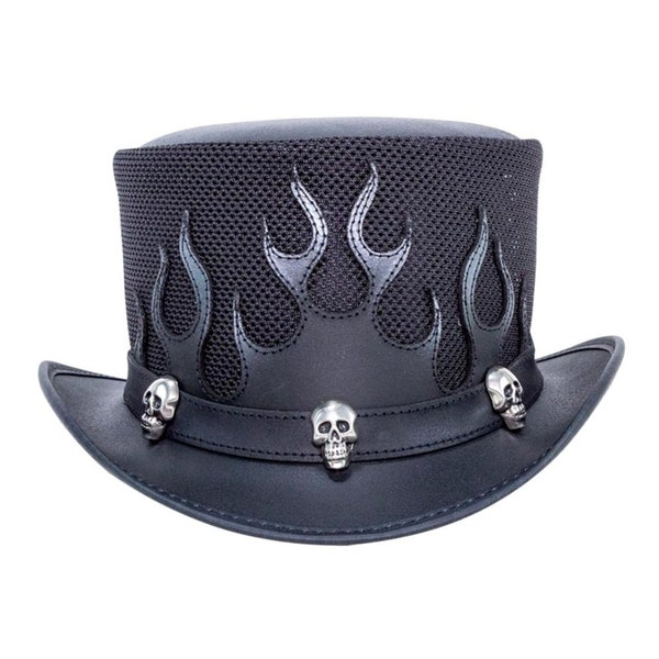 Top Hat Men's black leather hat with Flames Mesh Design New with Tags