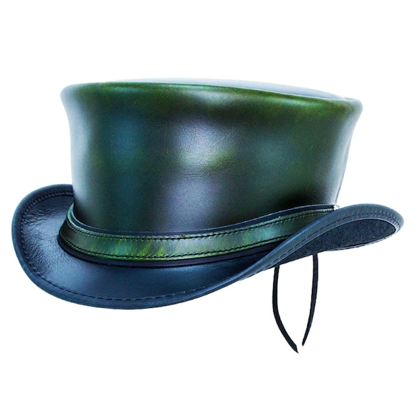 Top Hat | chapeau haut de forme en cuir de buffle | 100% | faits à la main Noir et vert