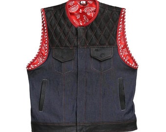 Leather vest,Diamond Quilted Perforated Leather Style Denim & Leather Motorcycle Vest Braided Men's Leather Vest Biker Rider Club