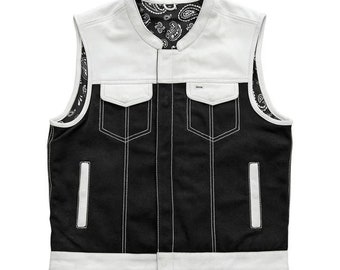 Mens Hunt Club Black Paisley Leather Build Denim Style Rider Moto Biker Vest, Gilet en cuir