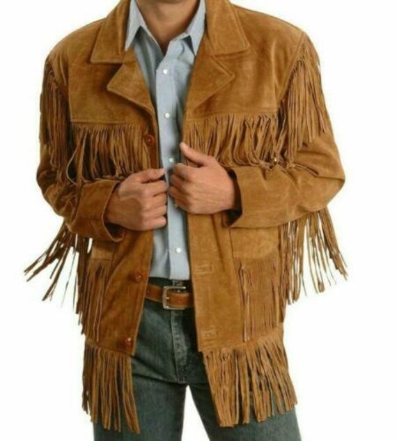 Chaqueta occidental de la india clasica de la gamuza de los hombres con flecos marron Etsy Mexico