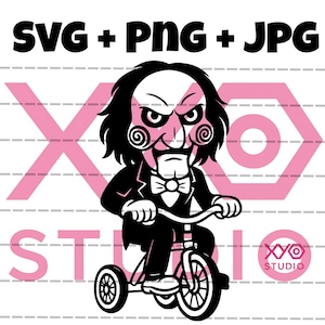 May include: Black and white illustration of a puppet-like figure from the Saw movie franchise riding a tricycle. The figure wears a suit and bow tie. The image includes the text "SVG + PNG + JPG" and a pink X and hexagon design.