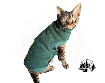 Maglione in pile polare caldo fatto a mano a forma di gatto / Senza maniche, stile slip-on, collo ripiegabile, con apertura per imbracatura e guinzaglio