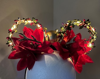 Holiday Christmas Disney / Mickey Minnie Mouse Ears /Poinsettia Red Gold / Candy Cane Handmade / Ready to ship! / Perfect for Holiday