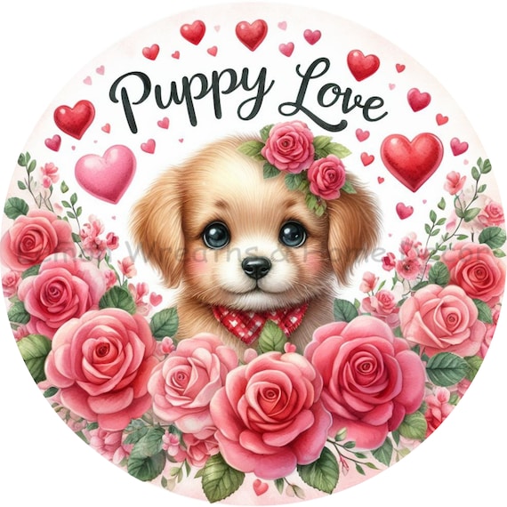 Puppy Love Valentine's Day Wreath Sign: Aluminum Dog Plaque