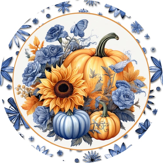 Navy Blue Floral Pumpkin Metal Sign: Fall Wreath Decor