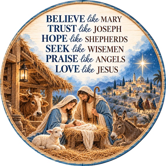 Believe Like Mary Wreath Sign, Christmas sign, Round Metal Sign, Holiday decor, Christmas Decor, Sublimation Sign