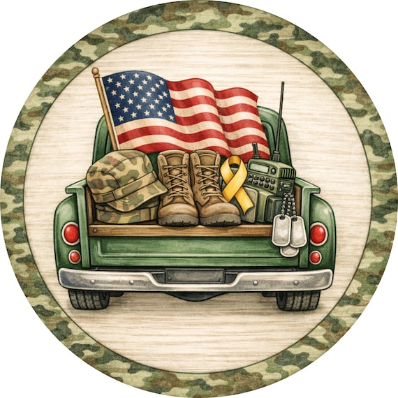 Military Truck Sign: Patriotic Camo Door Hanger Veteran Decor