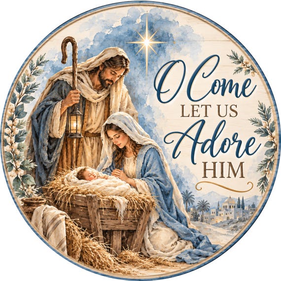 O Come Let Us Adore Him Wreath Sign, Christmas sign, Round Metal Sign, Holiday decor, Christmas Decor, Sublimation Sign