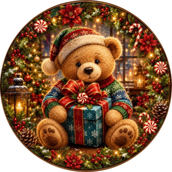 Christmas Teddy Bear Wreath Sign, Christmas Door Decor, Teddy Bear Wreath Attachment, Christmas Supply