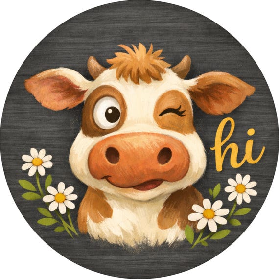 Cute Cow Sign: Winking Cow Door Hanger, Farmhouse Animal Wreath Sign