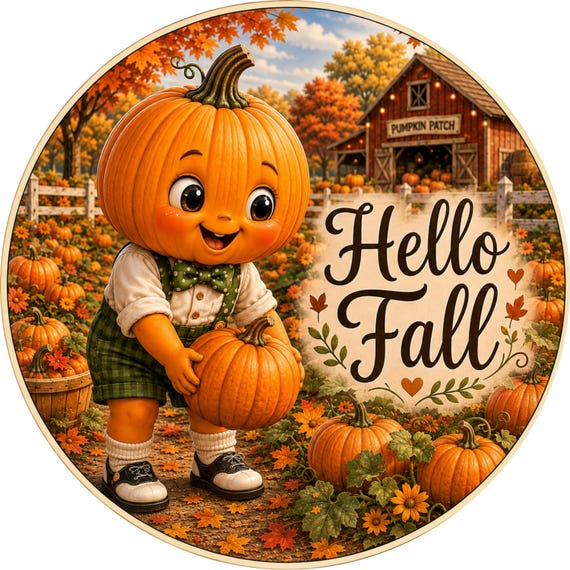 Hello Fall Pumpkin Sign, Pumpkin Patch, Autumn Door Decor, Cute Harvest Wreath Sign