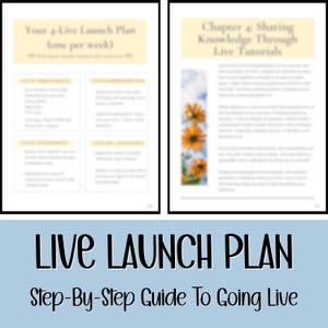 May include: A digital guide titled "Live Launch Plan" with the subtitle "Step-By-Step Guide To Going Live." The guide includes two pages with text and a light blue background. The first page is titled "Your 4-Live Launch Plan." The second page is titled "Chapter 4: Sharing Knowledge Through Live Tutorials."