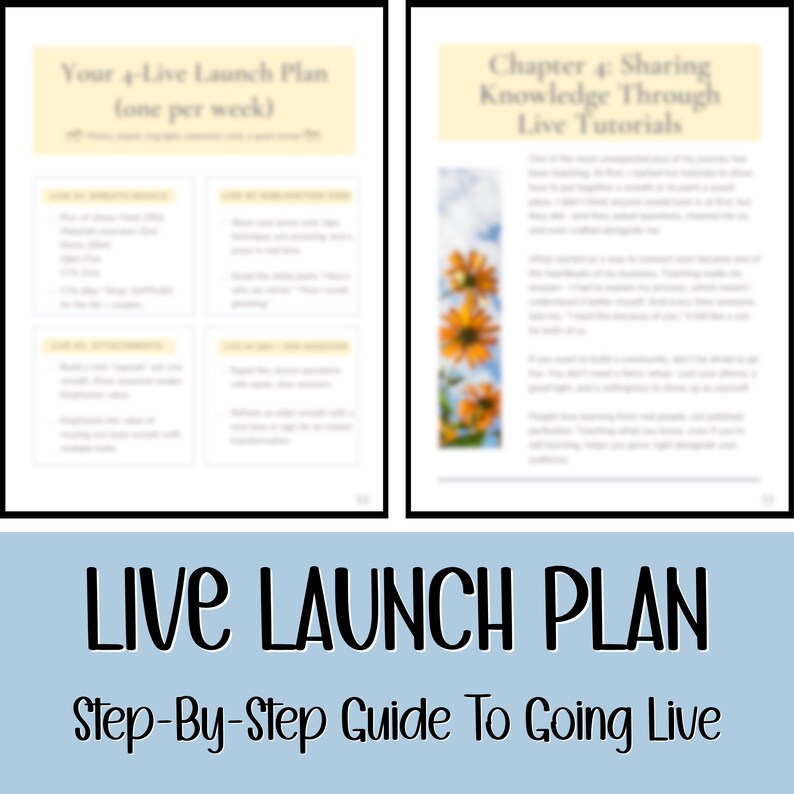 May include: A digital guide titled "Live Launch Plan" with the subtitle "Step-By-Step Guide To Going Live." The guide includes two pages with text and a light blue background. The first page is titled "Your 4-Live Launch Plan." The second page is titled "Chapter 4: Sharing Knowledge Through Live Tutorials."