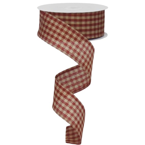 Ribbon 1.5"x10yd Burgundy Gingham Check, Wired Ribbon, Wreath Supplies