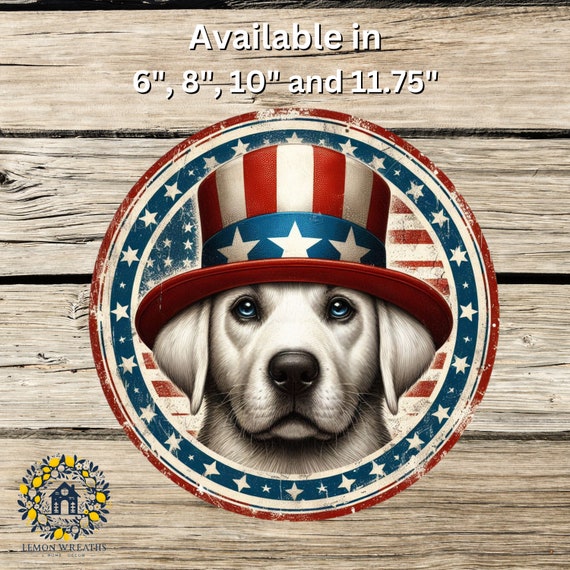 Patriotic Dog Wreath Sign: Americana Uncle Sam, Rustic Fourth of July