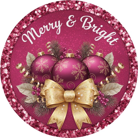 Pink Christmas Ornament Sign: Merry & Bright Holiday Door Hanger