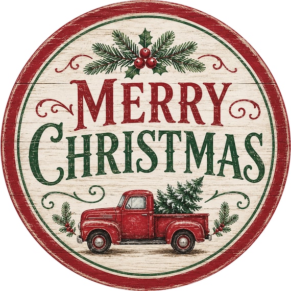 Merry Christmas Wreath Sign, Vintage Red Truck, Rustic Christmas, Evergreen Sign