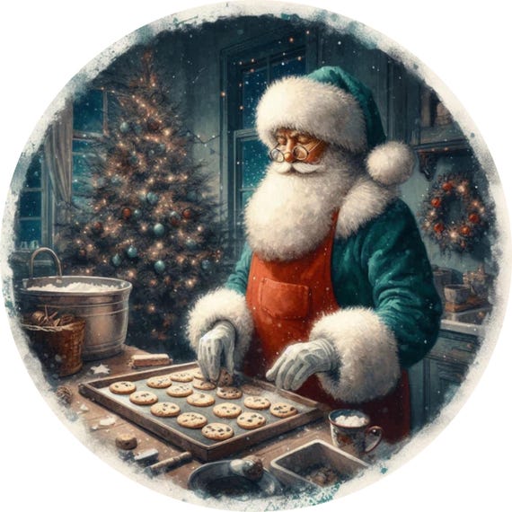 Santa Baking Cookies Sign: Vintage Christmas Door Hanger, Holiday Decor