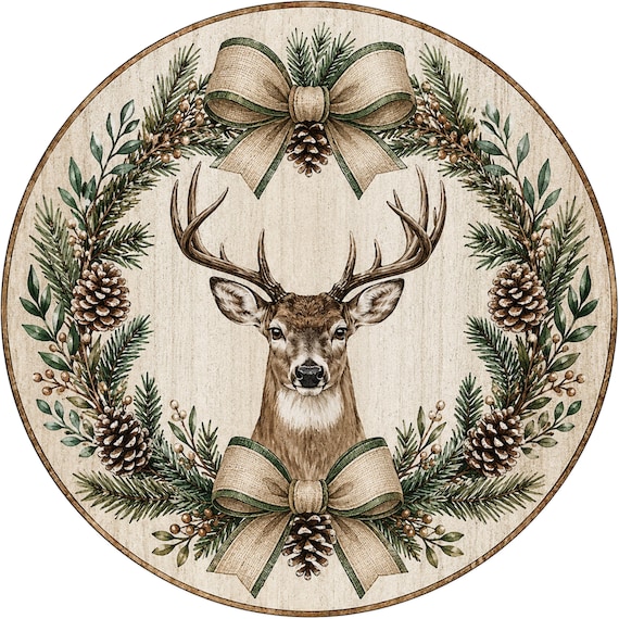 Woodland Deer Christmas Sign, Rustic Farmhouse, Evergreen Wreath Sign, Winter Reindeer Sign