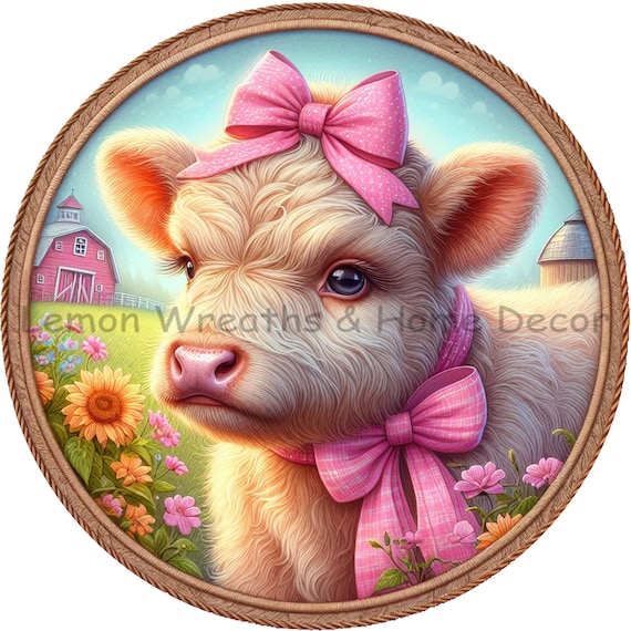 Baby Cow Metal Sign: Pink Bow Farm Wreath Decor