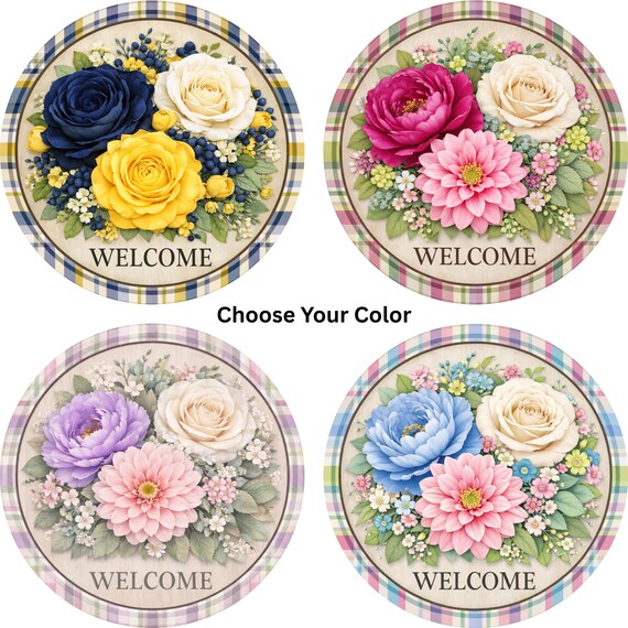 Round Floral Welcome Sign: Choose Your Color, Spring Door Hanger, Pastel Wreath Attachment