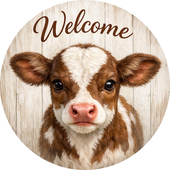 Welcome Calf Wreath Sign: Farmhouse Cow Door Hanger, Rustic Barnyard Decor, Country Porch Accent