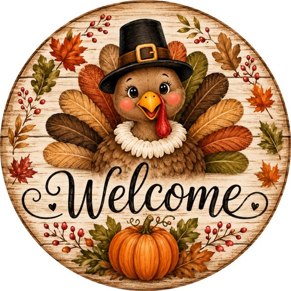 Turkey Welcome Sign: Thanksgiving Door Decor, Fall Wreath Attachment, Rustic Sign, Farmhouse Decor
