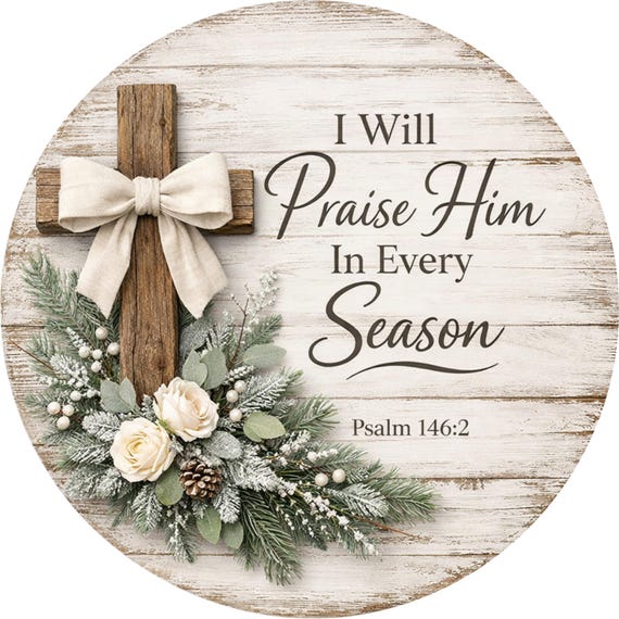 Praise Him Every Season Wreath Sign: Winter Cross Door Hanger, Evergreen Christian Decor