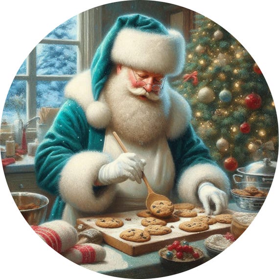 Santa Baking Cookies Sign: Cozy Christmas Kitchen Door Hanger, Holiday Santa Decor