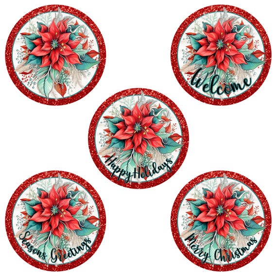 Poinsettia Christmas Metal Sign: Glitter Border Holiday Wreath Decor