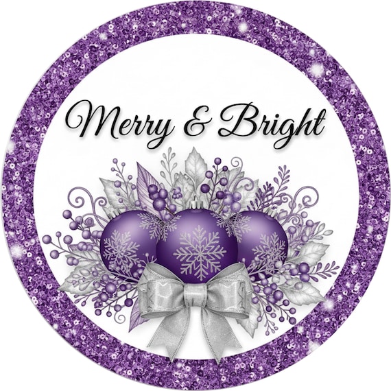 Merry & Bright Wreath Sign: Purple Ornaments, Winter Door Decor