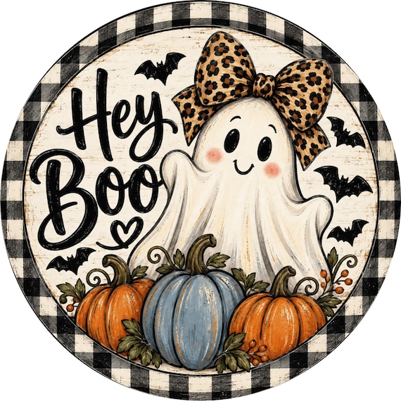 Hey Boo Halloween Wreath Sign, Ghost Door Sign, Leopard Bow Halloween Sign, Fall Wreath Centerpiece