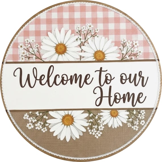 Welcome to Our Home Wreath Sign: Daisy Floral Door Hanger, Pink Gingham