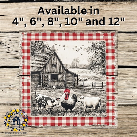 Farmhouse Friends Wreath Sign: Red Gingham Barnyard Cow Pig Rooster Door Decor