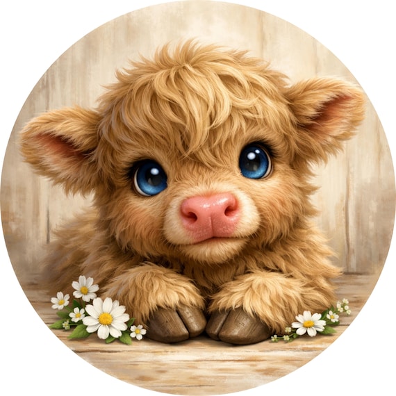 Highland Cow Wreath Sign: Cute Baby Cow Door Hanger, Farmhouse Decor