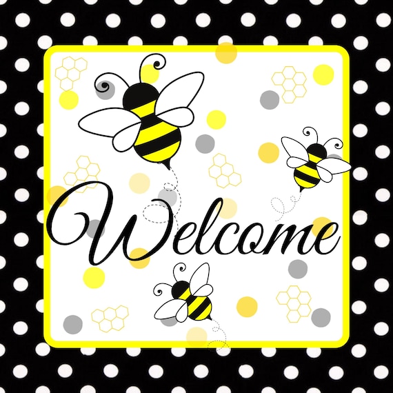Bee Welcome Sign: Bumblebee Farmhouse Door Hanger, Polka Dot Decor