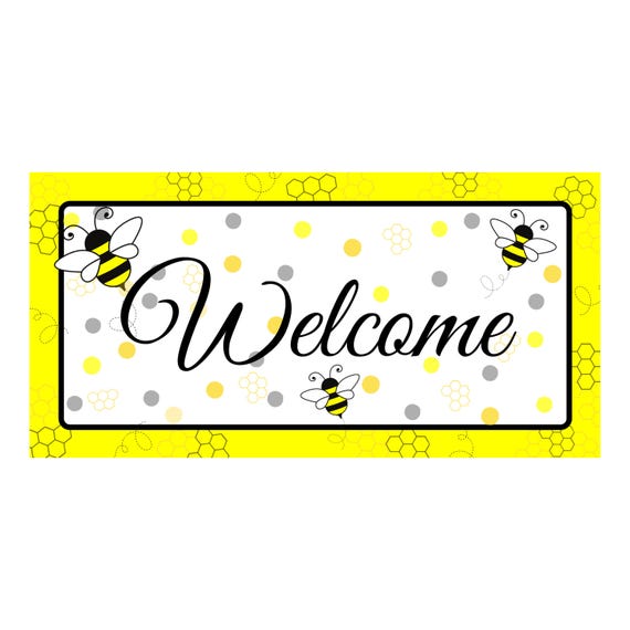 Bee Welcome Sign: Farmhouse Spring Porch Decor, Honeycomb Accents
