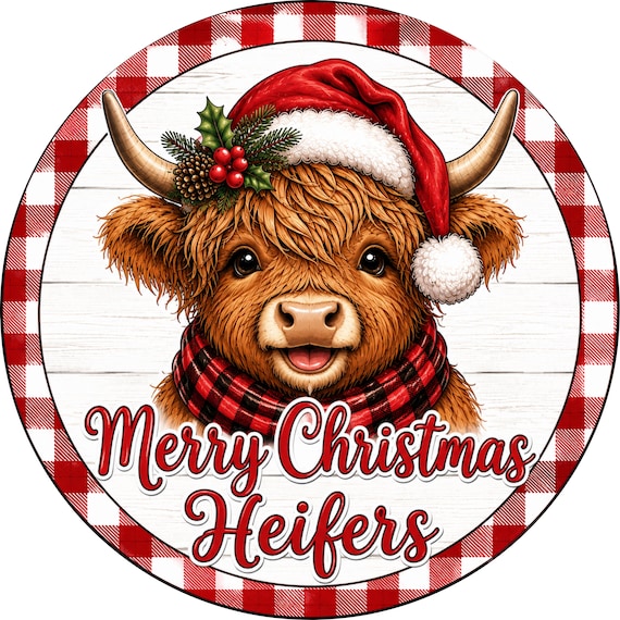 Red Highland Cow Wreath Sign, Merry Christmas Heifers, Christmas Sign, Farmhouse Door Sign