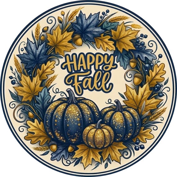 Happy Fall Wreath Sign: Blue & Gold Pumpkin, Fall Wreath Attachment, Thanksgiving Sign