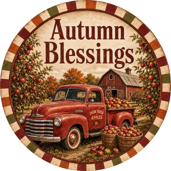 Autumn Blessings Wreath Sign, Vintage Red Truck, Apple Orchard, Farmhouse Sign