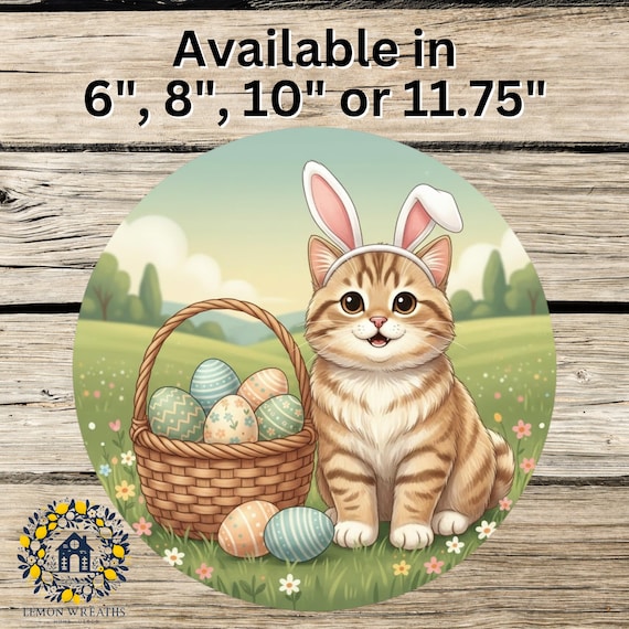 Easter Cat Wreath Sign: Cute Bunny Ear Tabby, Pastel Easter Egg Spring Decor