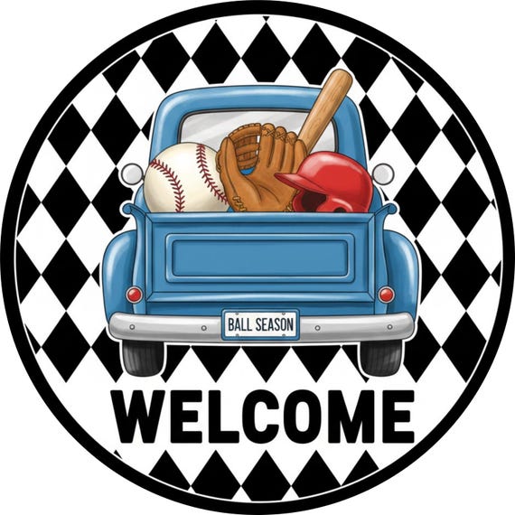 Baseball Welcome Wreath Sign: Ball Season Truck, Sports Wreath Attachment