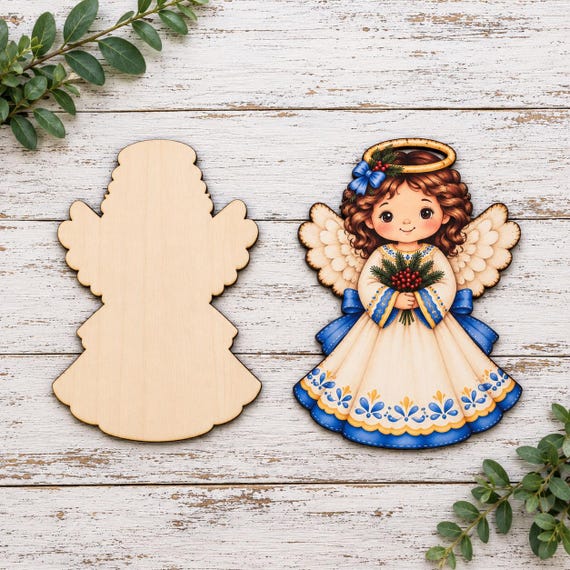 Christmas Angel Wood Cutout, Angel Wreath Attachment, DIY Christmas Craft Kit, Tiered Tray Decor, Finished Angel