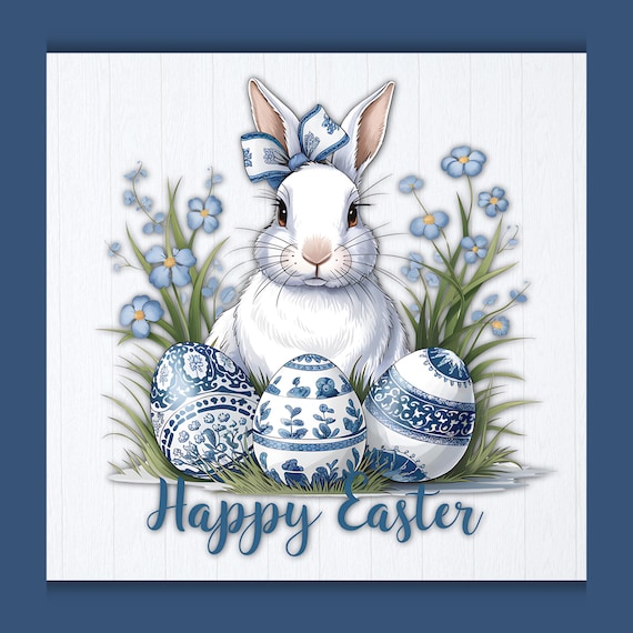Happy Easter Wreath Sign: Blue White Bunny Cottagecore Door Decor