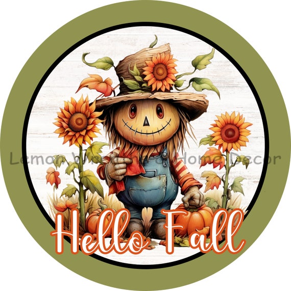 Scarecrow Sunflower Metal Sign: Hello Fall Wreath Decor